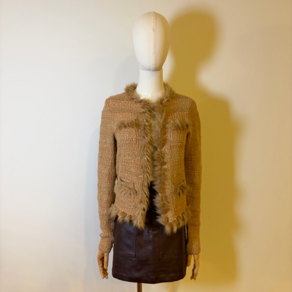 Lilly Pulitzer Gold Metallic Faux Fur Trim Knit Cardigan Jacket XS